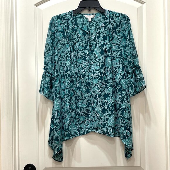 Lauren Conrad Blouse Top Medium Teal Blue Green Floral - Picture 1 of 9